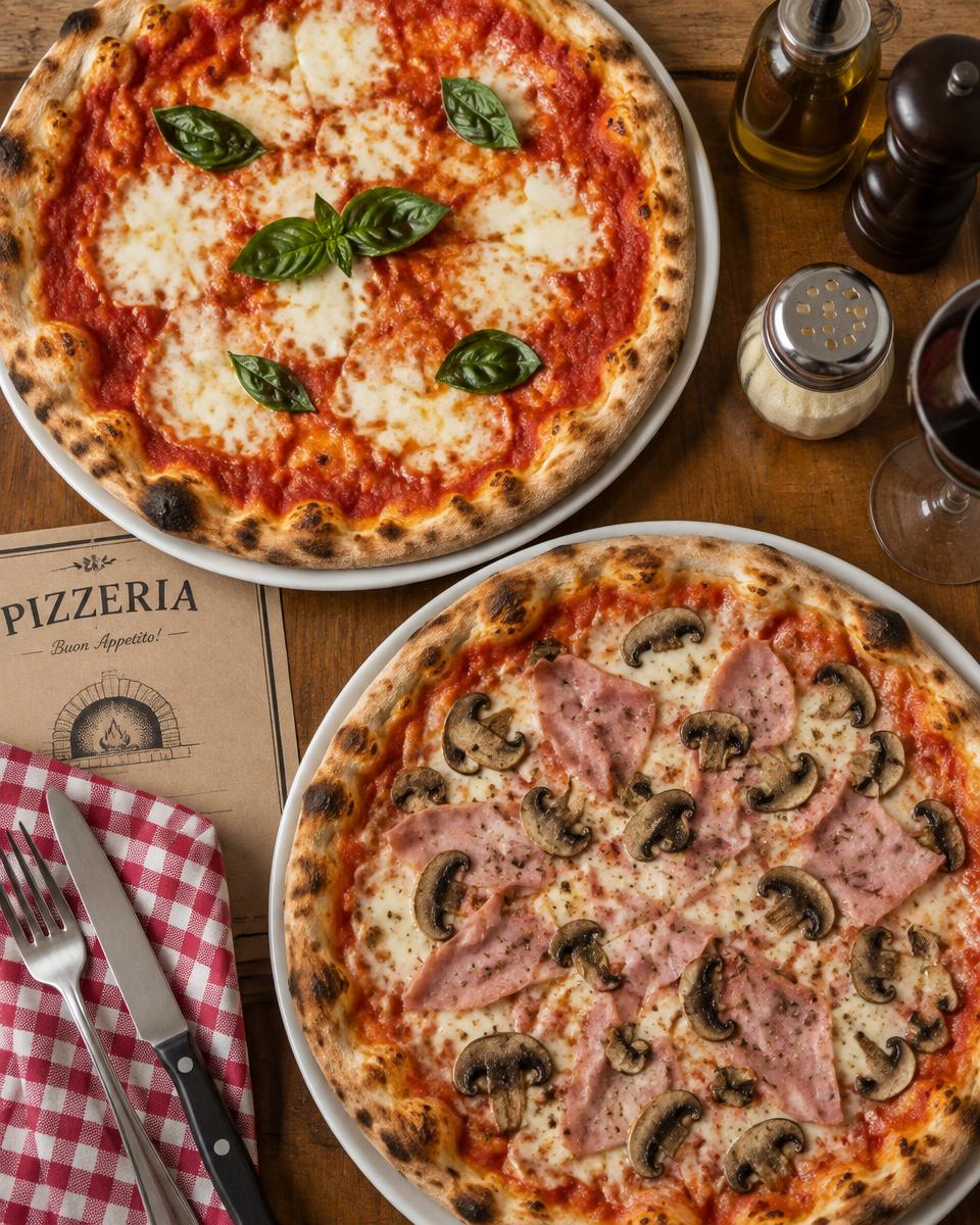 Two classic pizzeria pizzas, a margherita and a ham and mushroom