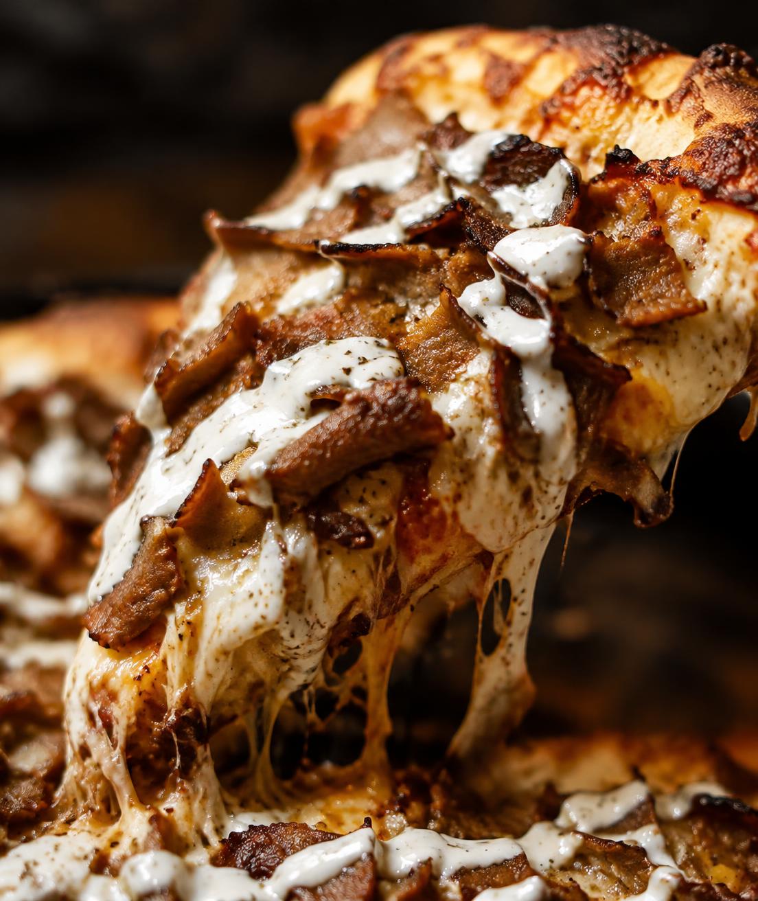 Close-up of a kebab pizza slice lifted with stretching cheese and creamy sauce