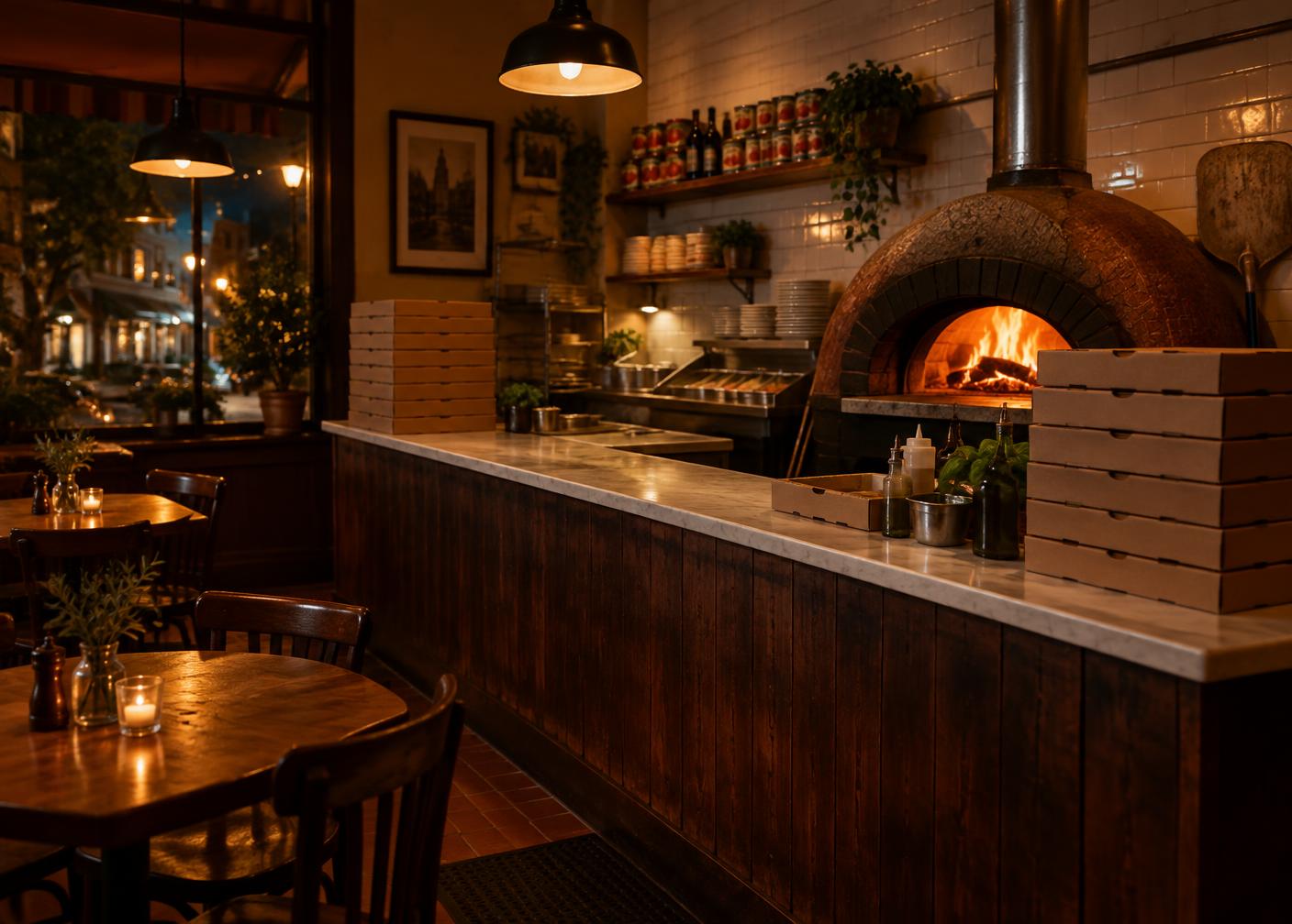 Warm neighborhood pizzeria with a glowing oven and stacked pizza boxes