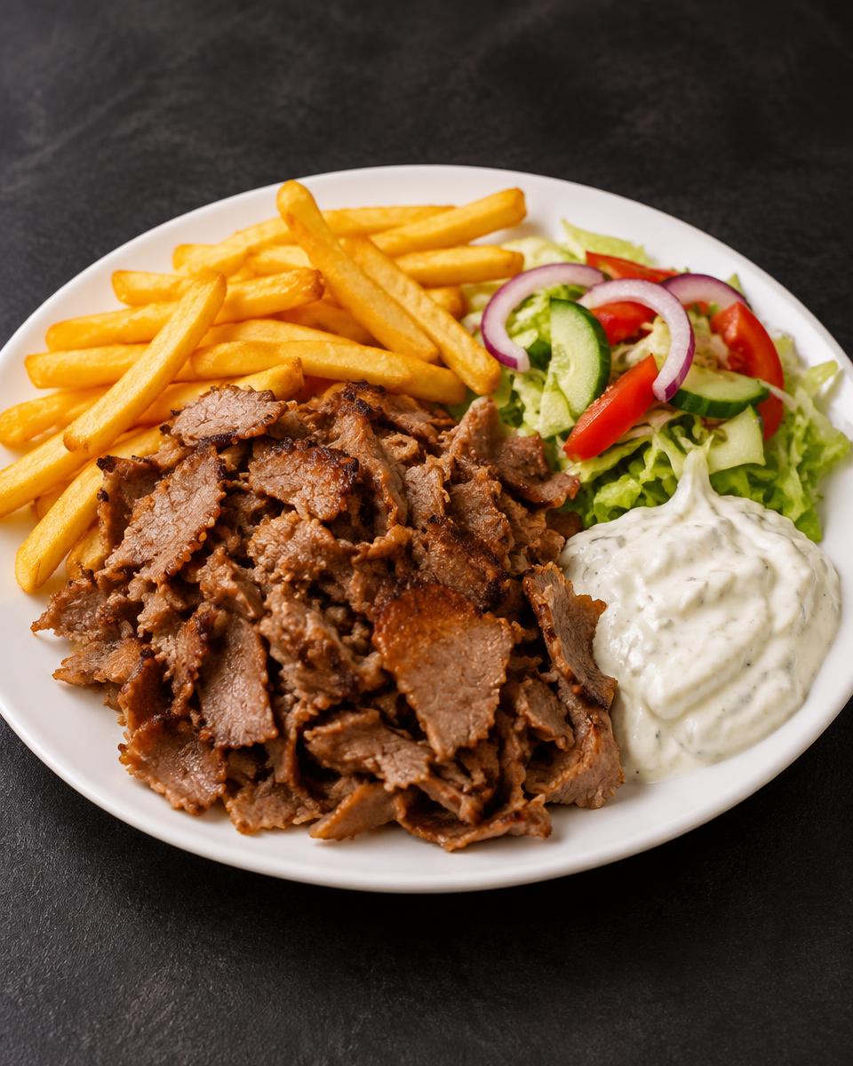 Plate of shaved kebab meat with golden fries, salad and kebab sauce