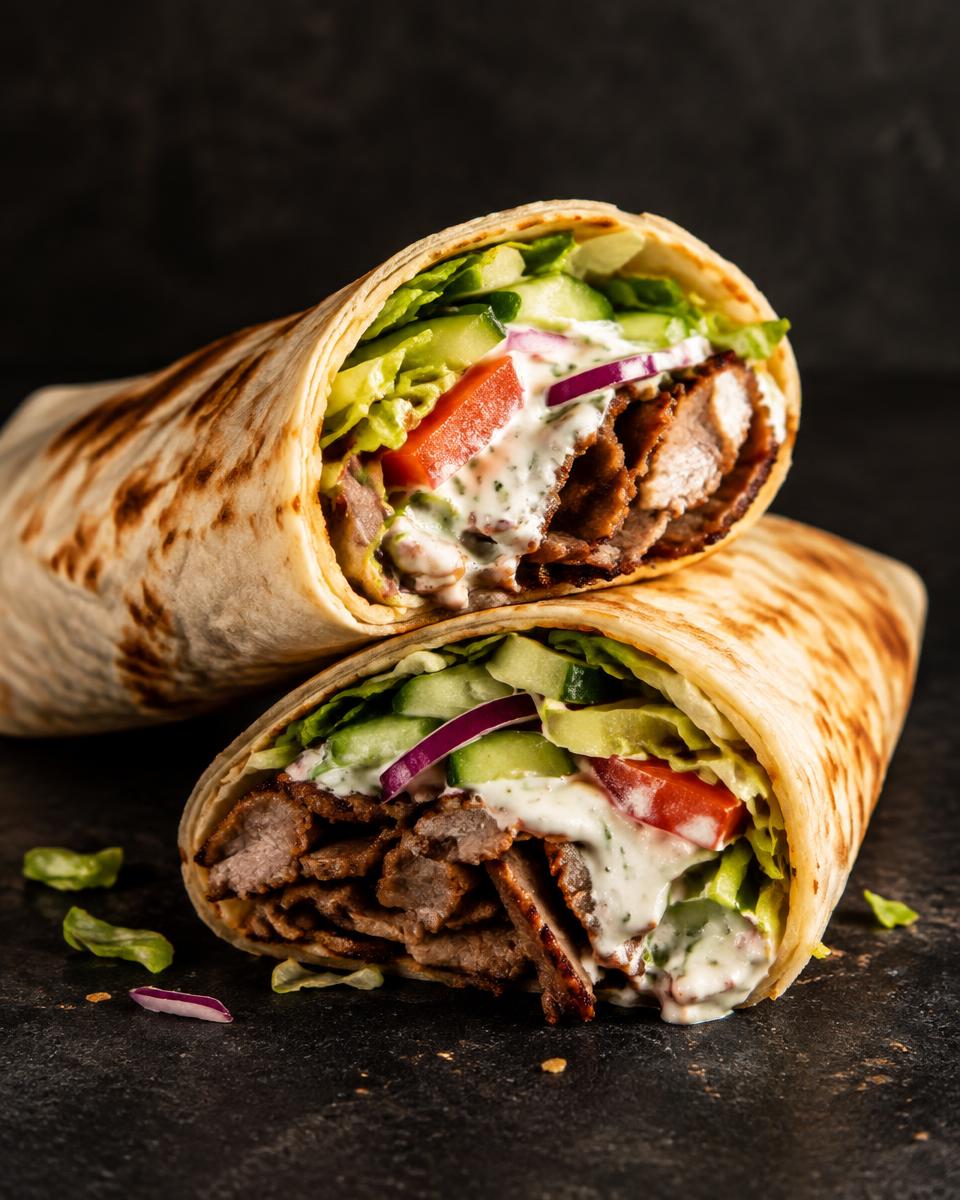 Kebab wrap cut in half showing shaved meat, vegetables and creamy sauce